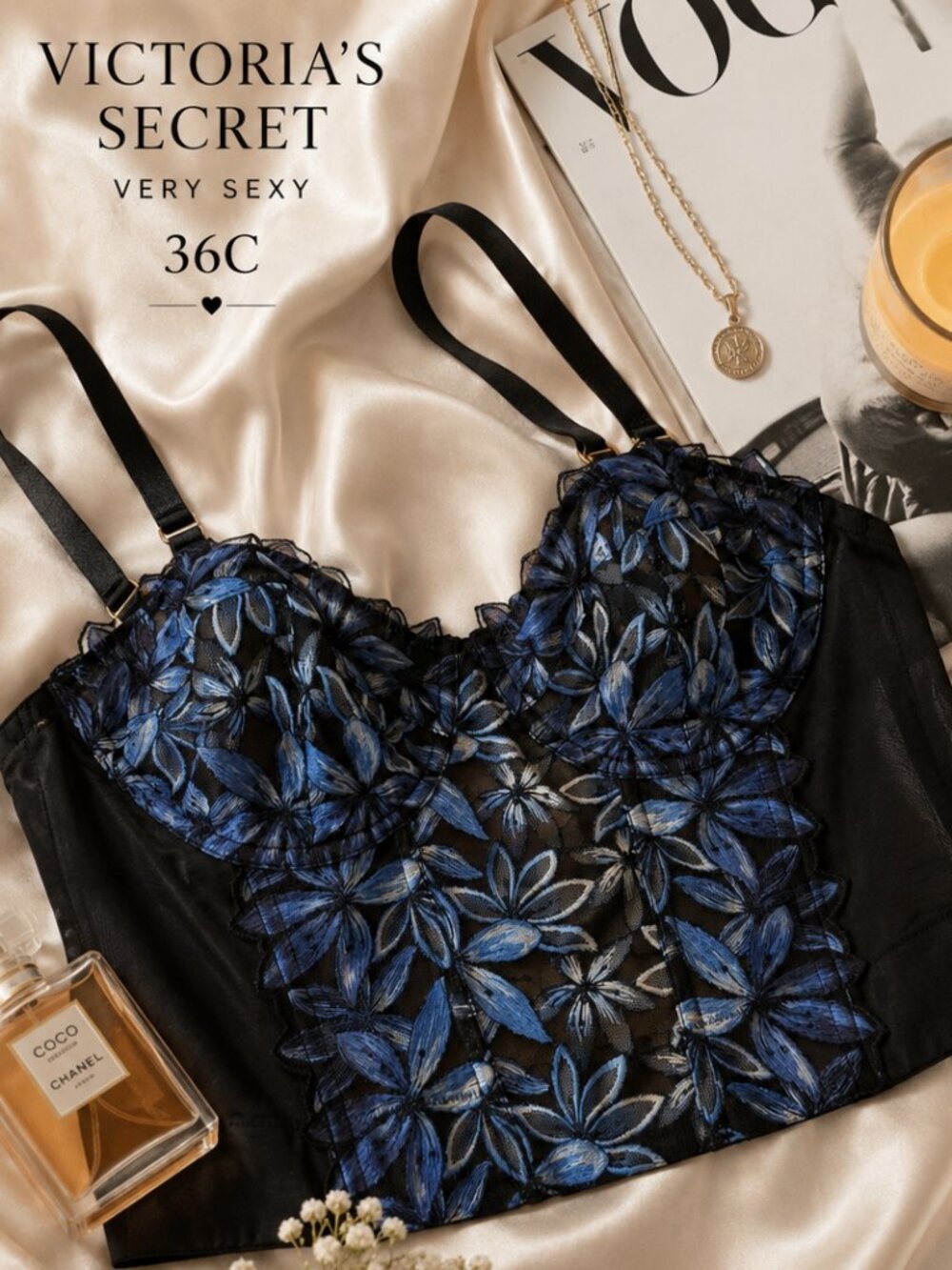Victoria’s Secret Very Sexy 36C Blue Floral Lace Longline Bra Corset Bustier